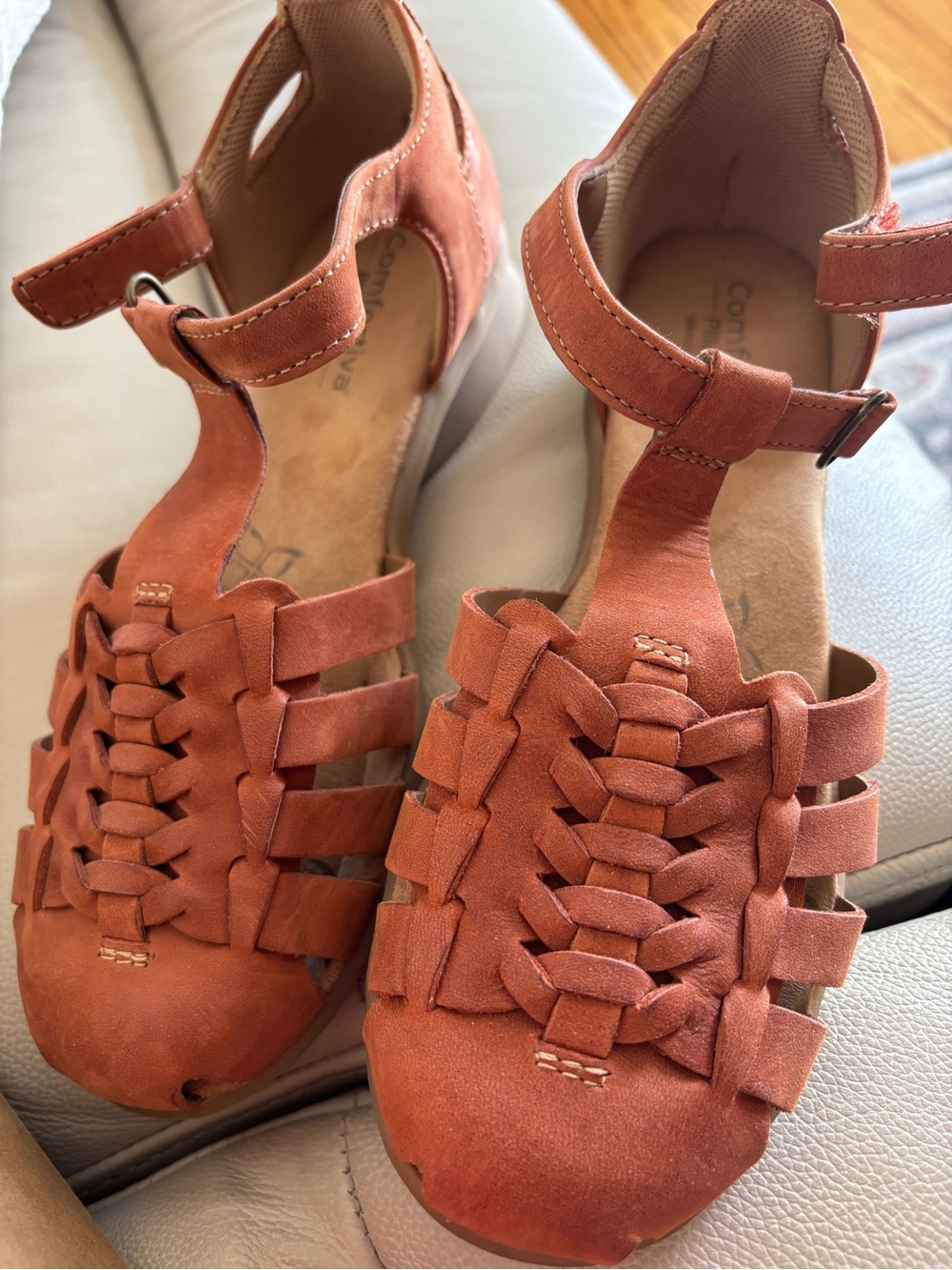 Comfortiva Rust-Tone Woven T-Strap Sandals